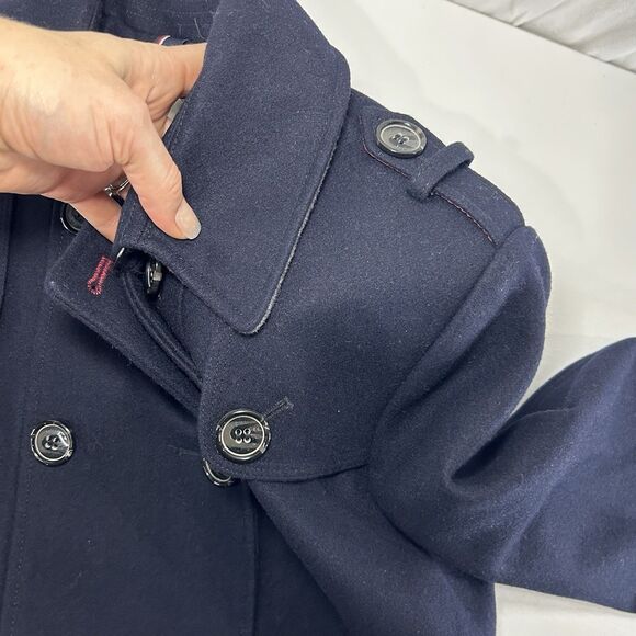 Tommy Hilfiger Double Breasted Navy Blue Wool Trench Coat Womens Large Belted - Picture 7 of 9